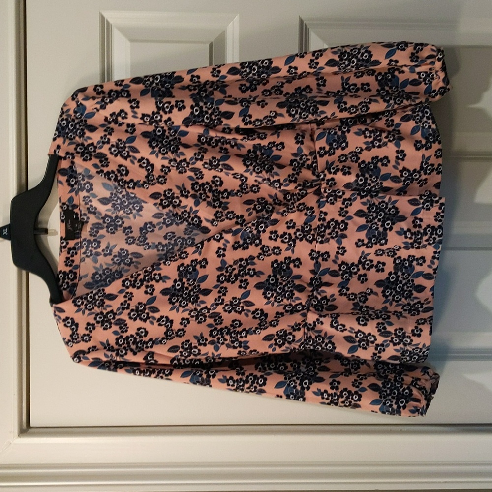 J. Crew Pink and Blue Floral Faux Wrap Blouse Size M